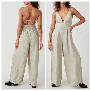 Free People Emma Linen Blend Wide Leg Jumpsuit In Alfalfa